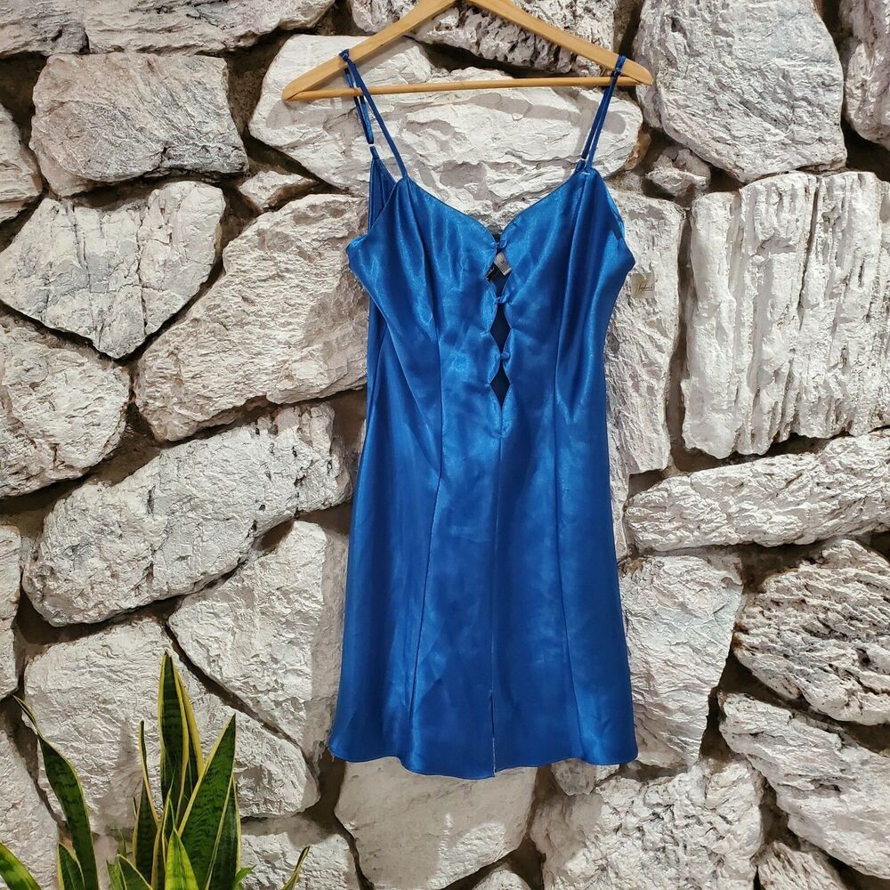 Vintage Y2K Slip Dress Frederick’s Of Hollywood Blue Slinky Bias Cut Size M New